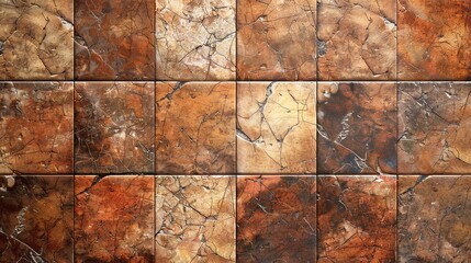 A wall of brown and beige tiles with a mottled appearance.