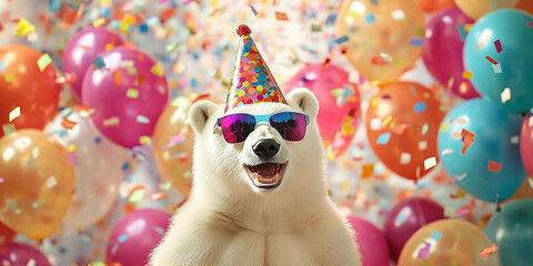 Naklejka premium Party animal! Colorful photp of funny, happy polar bear on lightc background. Ballons, confetti, happy mood. Birthday celebration horizontal banner,