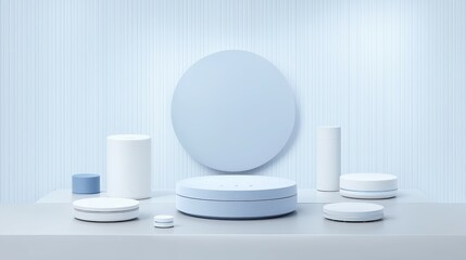 Clean and Minimalist Display of Compact Geometric Objects in Soft Blue and White Tones