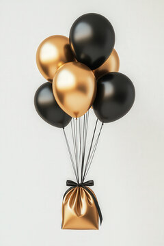 Globos dorados y negros flotando, sosteniendo con cuerdas negras una cja de regalo con lazo. Concepto celebraciones, cumplea&ntilde;os, fiestas
