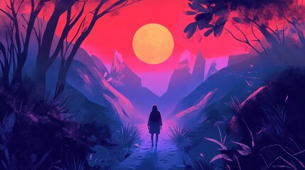 Fototapeta premium Solitary Figure Walking Towards a Vibrant Sunset Landscape