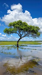 Lone Tree Standing in Shallow Water Under Bright Blue Sky with Puffy Clouds and Lush Green Grassland