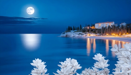 Full moon over tranquil coastal resort at night, reflecting light on calm sea. Ideal for travel brochures
