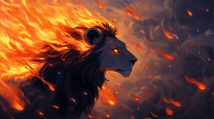 Majestic Lion Surrounded by Flames with Intense Orange Glow