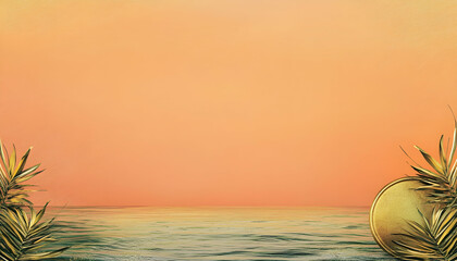 Golden disc on tranquil beach at sunset; tropical plants frame scene. Ideal for summer travel or product promotions