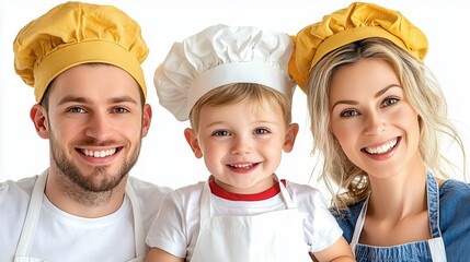 Happy Family Cooking Together in Chef Hats Smiling Cheerfully