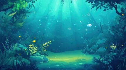 Fototapeta premium Underwater Forest Scene With Sunlight Rays and Bubbles