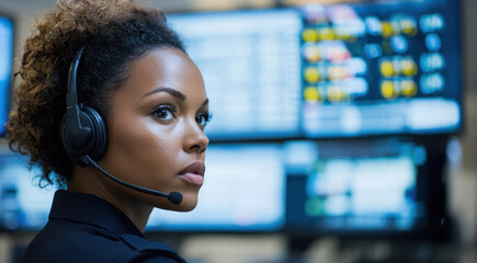 Close up African Woman Security guard monitoring surveillance screens in control room