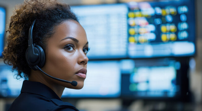 Close up African Woman Security guard monitoring surveillance screens in control room - Powered by Adobe