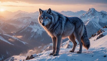Fototapeta premium Majestic Lone Wolf at Sunset on Snowy Mountain Peak