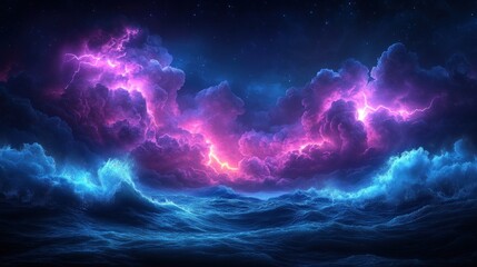 Vibrant purple and blue lightning storm cloudscape at night.