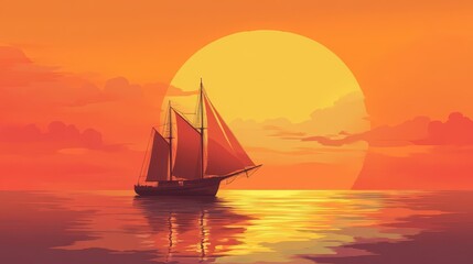 Fototapeta premium Sailboat at Sunset Ocean Scene Golden Hour