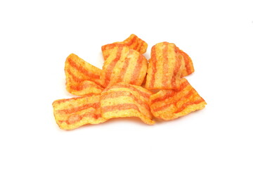 Bacon Chips. Delicious bacon snacks isolated on white background. Pelleted salted snack bacon. Smoked bacon flavored chips.