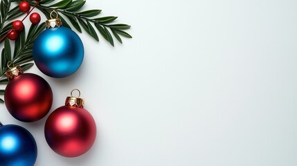 Colorful Christmas Ornaments and Greenery on Light Background