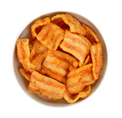 Bacon Chips. Delicious bacon snacks isolated on white background. Pelleted salted snack bacon. Smoked bacon flavored chips.
