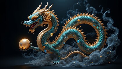 Fototapeta premium Magnificent Azure Dragon with Golden Accents and Mystical Orb