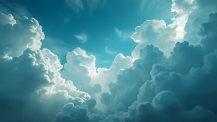 Naklejka premium Dramatic Cyan Cloudscape, Abstract Textured Cloud Formations with Light and Shadow