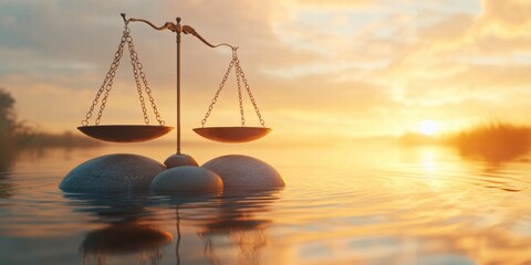 A scale with two rocks on each side is floating on a body of water