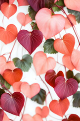 Fototapeta premium Heart-shaped leaves on white background; romantic, Valentine's Day, nature, botanical, floral design