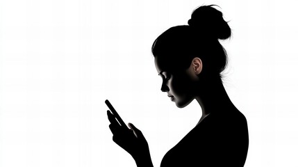 Silhouette of a young woman engrossed in her phone, a study in contrasts against a bright background.