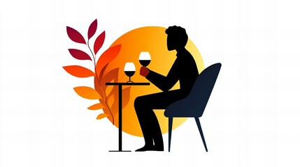 Silhouette of a man enjoying wine at a table with an autumnal background.