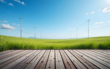 Wooden Podium in a Vast Green Field Under a Blue Sky