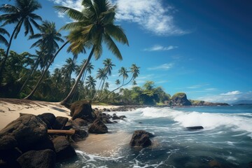 The Picturesque Coastline Featuring a Towering Coconut Tree Standing Majestically naast de Glinstering Waters