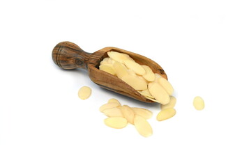 almond flakes in a wooden scoop isolated on white