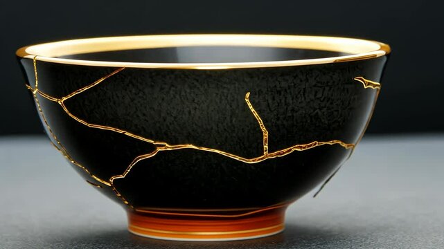 Elegant black bowl with gold kintsugi repair showcasing artistry and craftsmanship in Japanese tradition