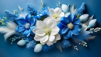blue and white flower arrangement on light blue heritage excessive close up