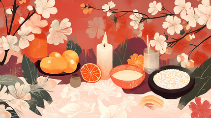 Asian style orange and rice offering in warm colors representing ancestor worship on a floral background