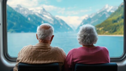 Seniors in Love Two elderly individuals enjoying a scenic mountain view from a train window.