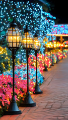 Illuminated pathway with lanterns, flowers, and lights at night; festive garden scene; ideal for holiday cards