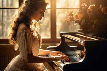 In the Lucent Embrace of Afternoon s Radiance the Ballerina s Fingers Waltz upon Ivory Keys Weaving an Enchanting Tapestry of Timeless Melody