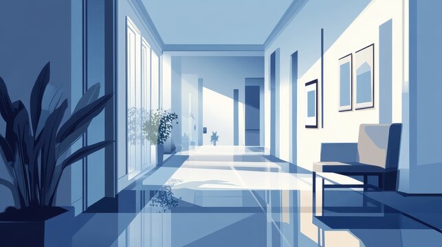 Modern building hallway interior design with plants and artwork
