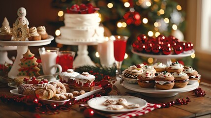 Fototapeta premium A holiday table spread with desserts, cookies, and Christmas decorations.