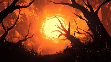 Fiery Sunset Through Silhouetted Forest Trees