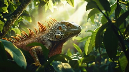 Obraz premium Green Iguana Basking in the Tropical Rainforest Sunlight