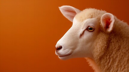 Fototapeta premium Close-up profile of a young sheep against a burnt orange background. Its soft, light fleece contrasts beautifully with the rich backdrop.