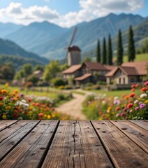 Wooden Podium Overlooking a Charming Village with a Windmill and Mountain Views