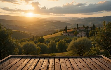 Wooden Podium Overlooking a Tuscan Sunset