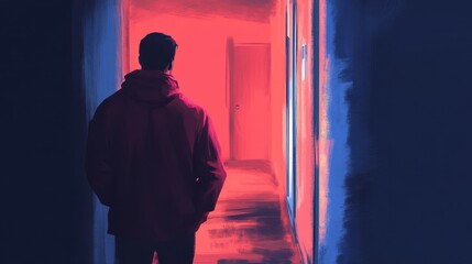 Man in Red Jacket Stands in a Hallway