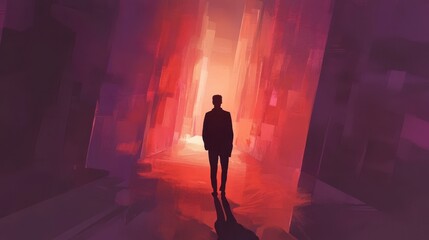 Man Walking Towards a Bright Red City Alleyway