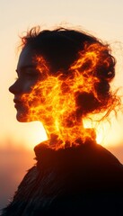 Woman Portrait with Flowing Fire Overlay, Abstract Burning Passion, Sunset Glow, Dramatic Silhouette