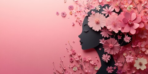 A beautifully crafted silhouette of a woman with spring flowers. Paper art style. Generative AI.