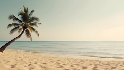 Obraz premium Minimalist Beach Scene, Serene Palm Tree on Soft Sand and Crystal Clear Water - Travel Inspiration