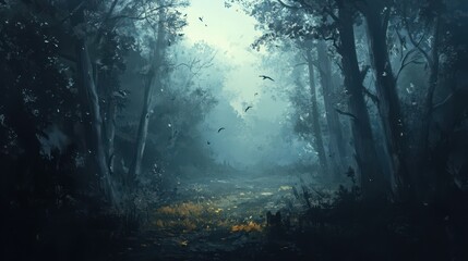 Obraz premium Mystical Forest Path Birds Fly Through Foggy Trees