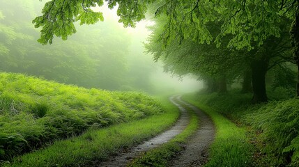 Lush green forest path enveloped in mist and overhanging trees