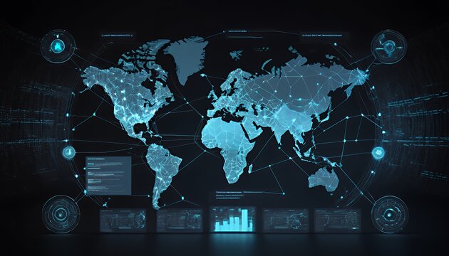 Global Network Visualization: A Futuristic Digital World Map - Powered by Adobe