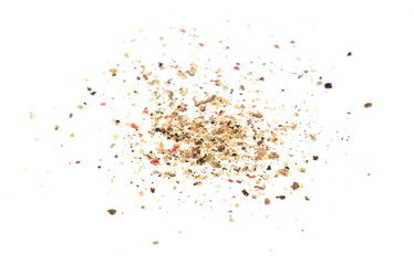 Spice of multicolored ground pepper isolated on white background.